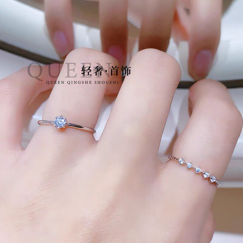 PT950铂金进口D色莫桑石小排钻戒指简约时尚双排组合叠戴极细指环