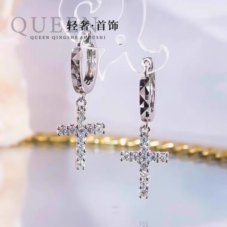 纯铂金进口D色莫桑石十字架耳环小众设计感PT950镶嵌潮流耳圈新款