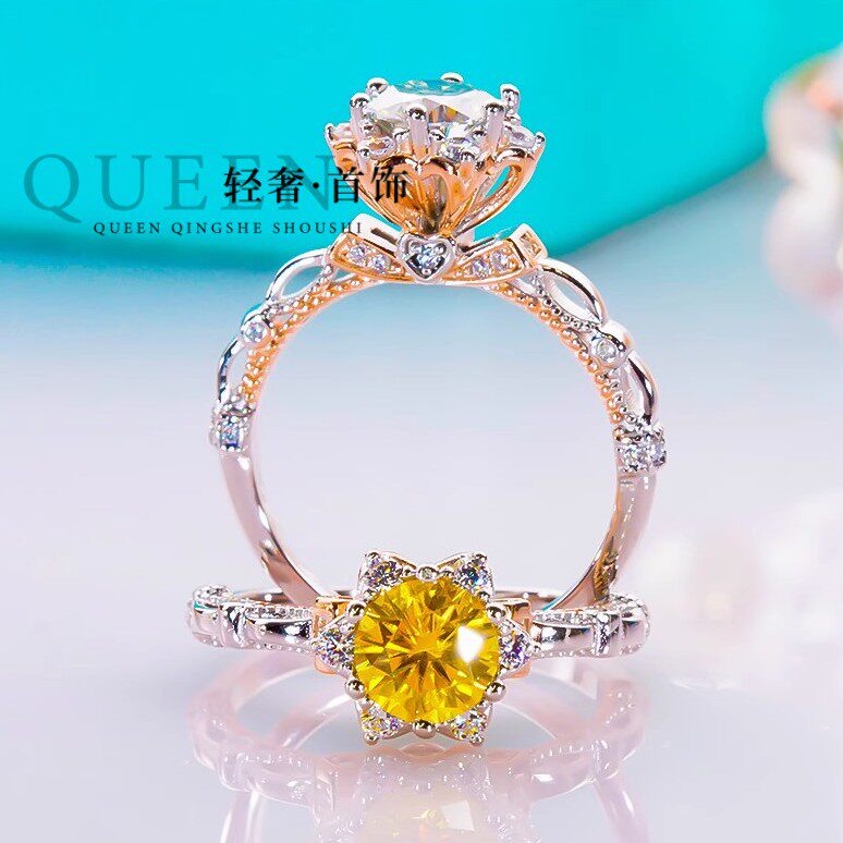 纯18K金进口D色莫桑石红宝石玫瑰花戒指轻奢ins小众设计1克拉钻戒