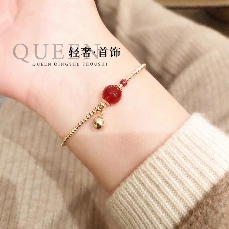 14K金时尚玫瑰金红玛瑙圆球手链简约小众设计感ins奢华圆珠手串