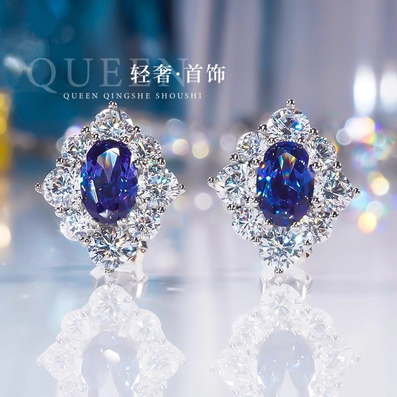 PT950铂金进口D色莫桑石蓝宝石耳钉简约超闪1.5克拉椭圆形耳饰女