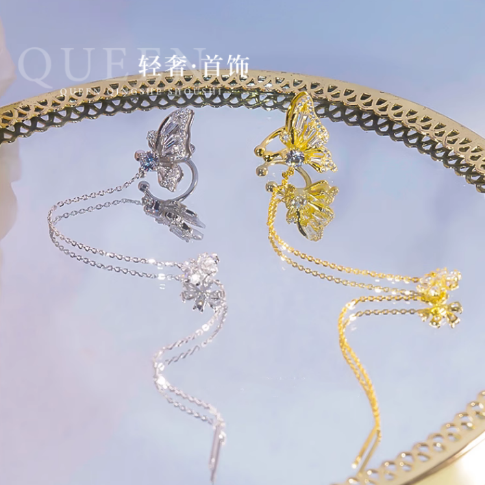 蝶恋花耳线纯18K黄金进口D色莫桑石镶嵌一体式耳环耳坠高级感