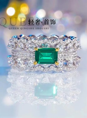 PT950铂金进口D色莫桑石1克拉双排钻祖母绿戒指轻奢满钻食指排戒
