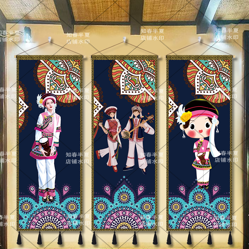 白族风情民宿客栈客房装饰画布艺挂画客房卧室墙壁少数民族风挂毯图片