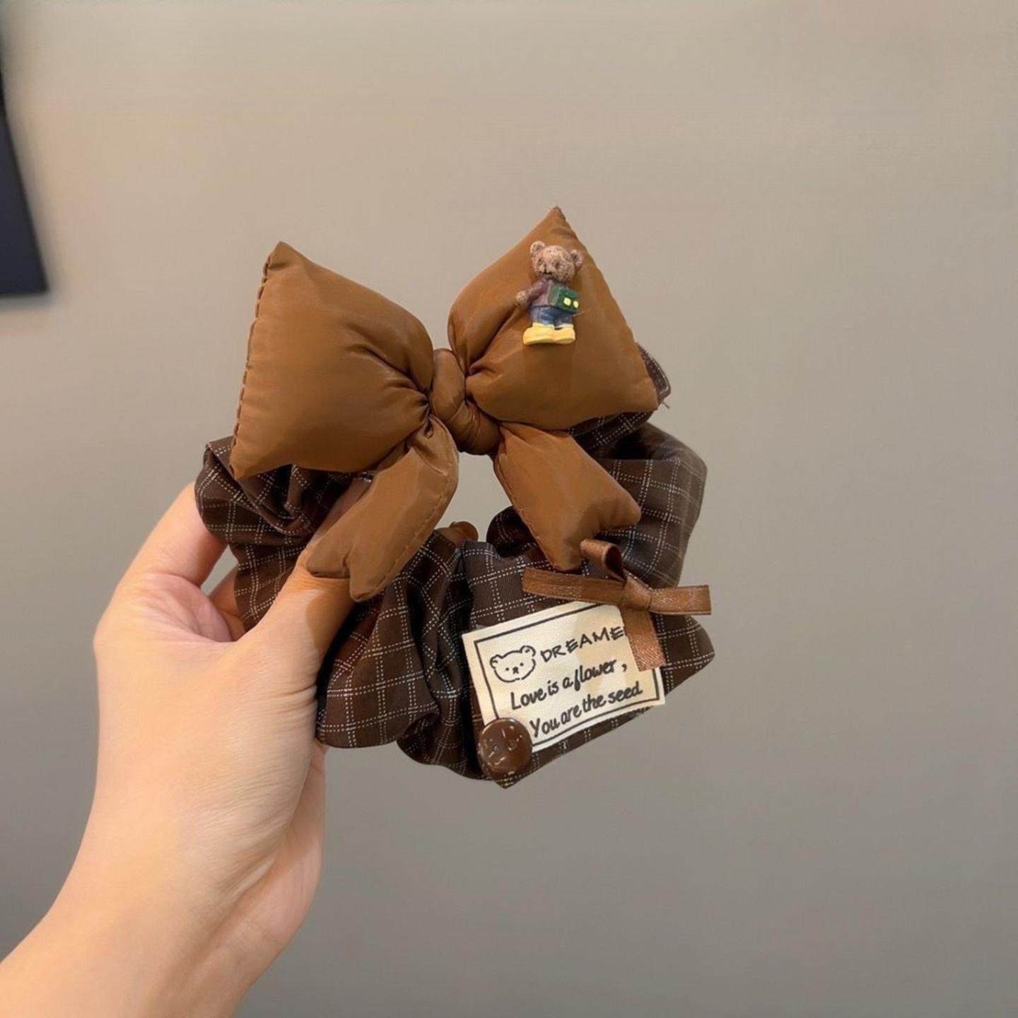 麦致咖色格子大肠发圈贴布标立体充棉蝴蝶结纽扣发圈女高级感发饰,家庭/个人清洁工具,发圈/发网,淘宝优惠券,粉丝福利购,淘宝优惠卷