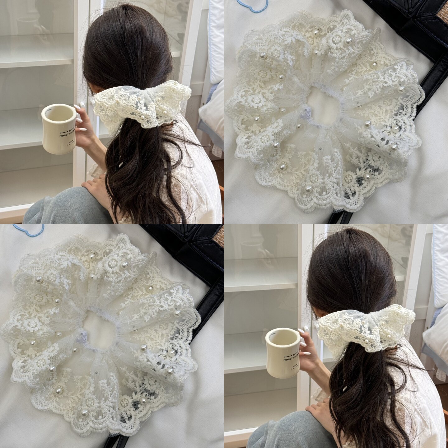 麦致钉珍珠蕾丝大肠发圈女发卡