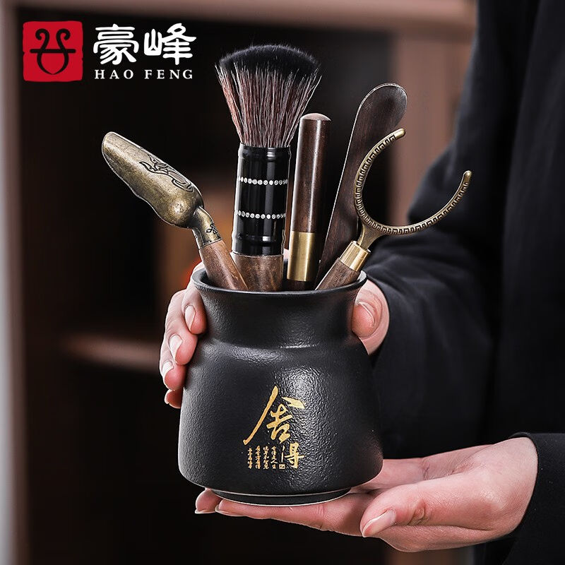 豪峰茶道六君子笔筒套装黑檀木茶具配件创意茶宠茶艺【黑陶新舍茶