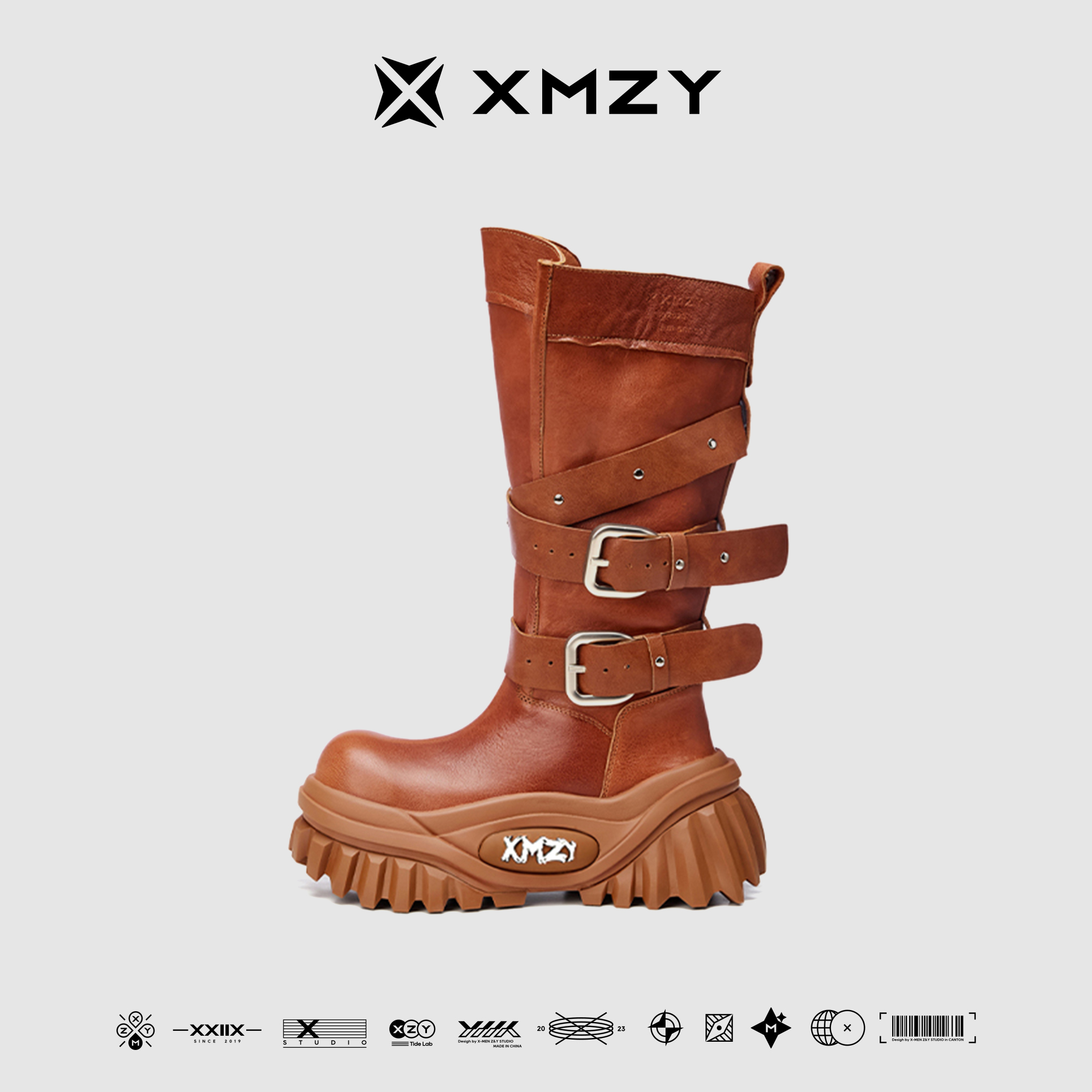 【阿勒泰】XMZY2025冬新款原创时尚复古皱皮设计长筒厚底骑士靴女