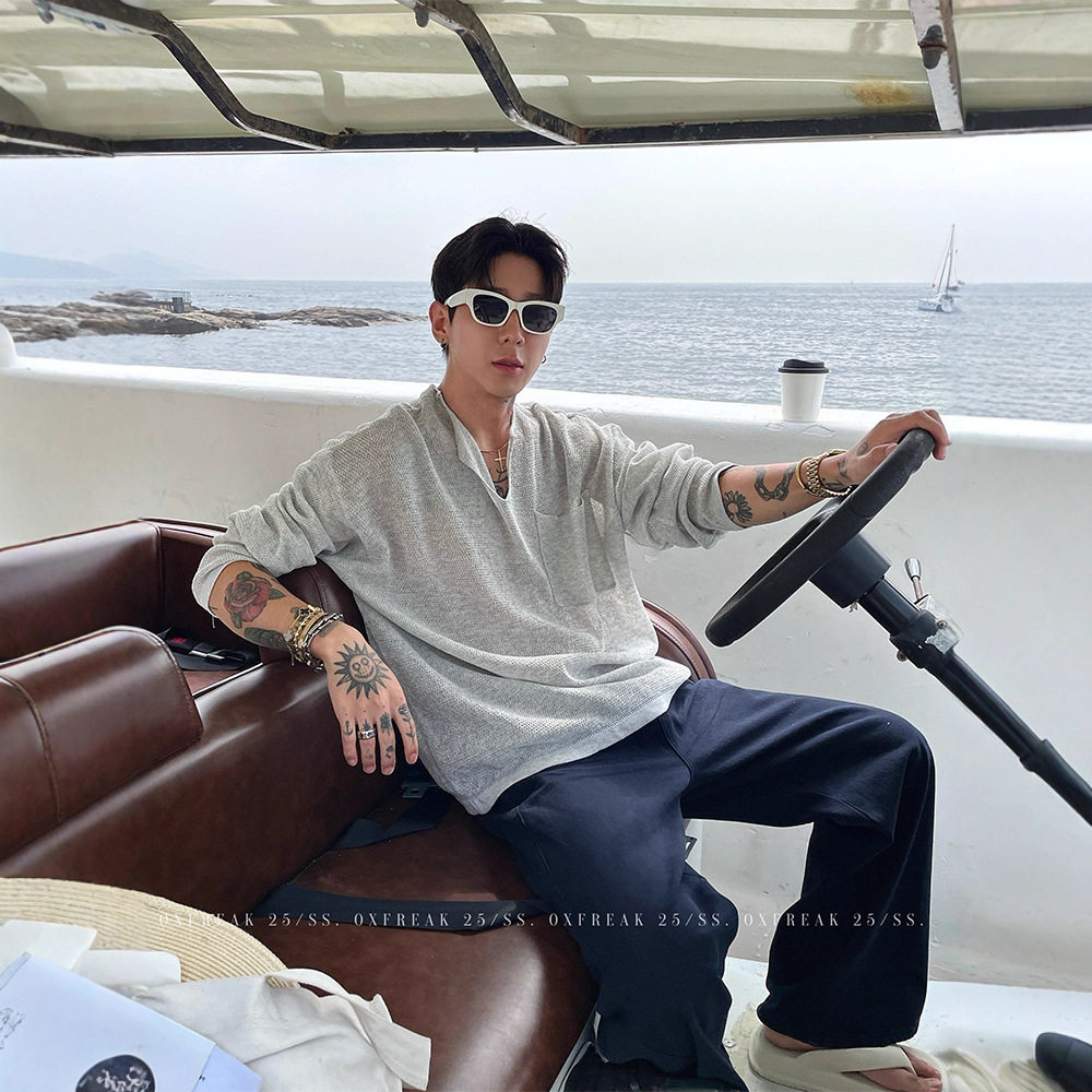 老钱风V领亚麻长袖t恤男夏大码宽松薄上衣松弛穿搭大领口男士