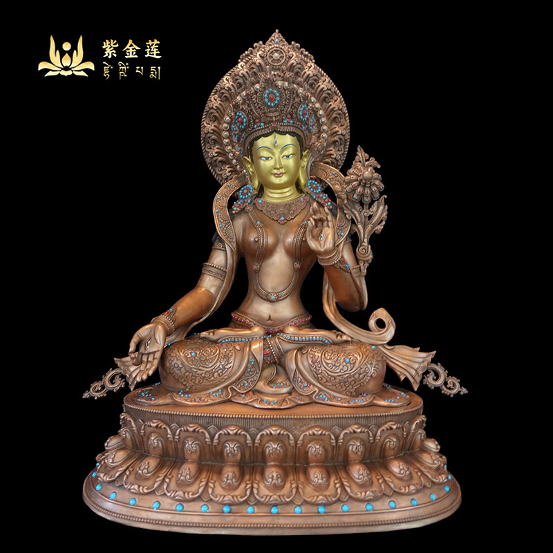 紫金莲 尼泊尔西藏工艺 藏传密宗紫铜红棕色錾刻白度母纯铜