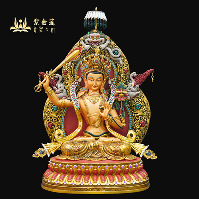 紫金莲尼泊尔工艺藏传密宗大鹏鸟背光彩绘文殊菩萨纯铜手工錾刻