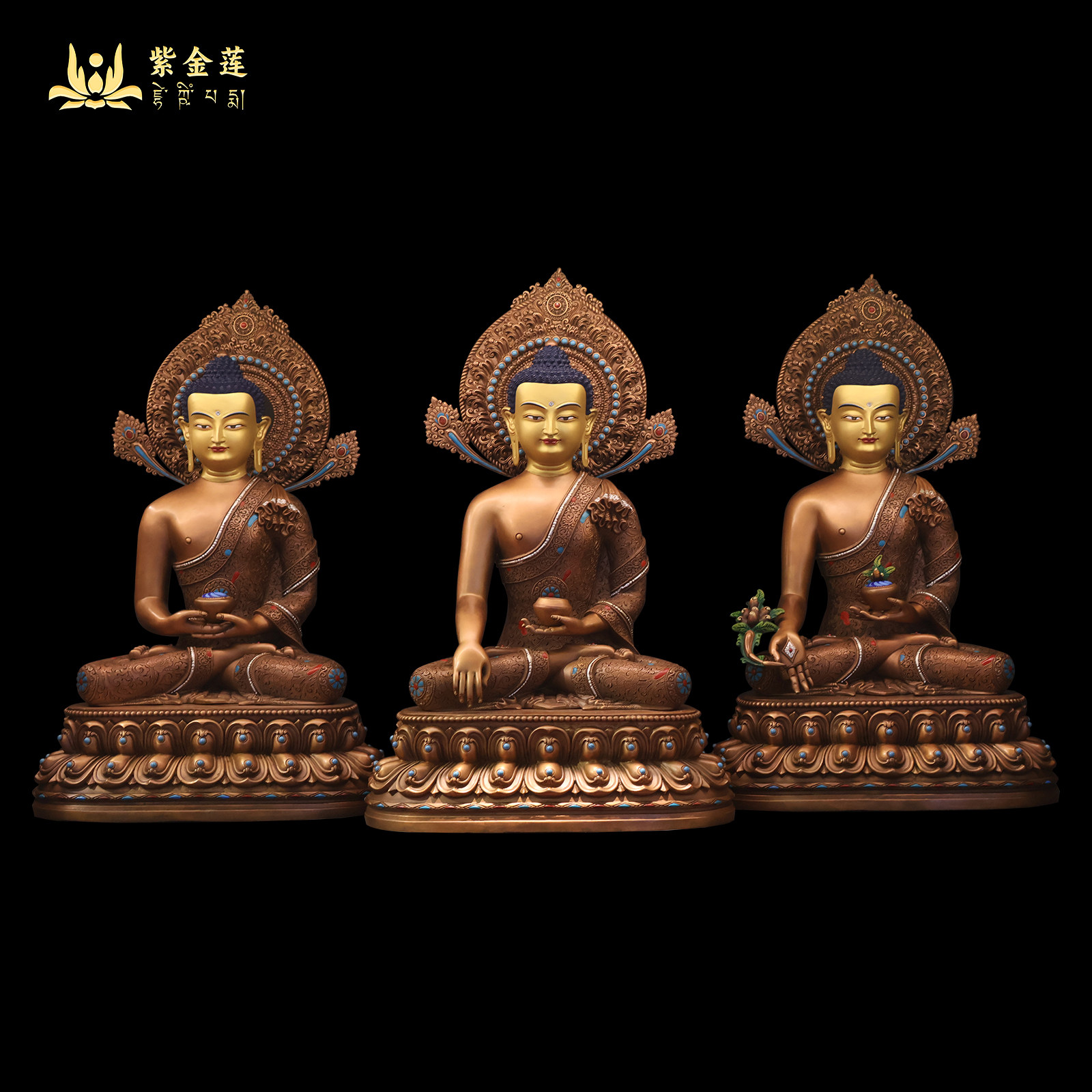 紫金莲 尼泊尔西藏工艺 藏传密宗紫铜红棕色簪刻版三宝佛纯铜