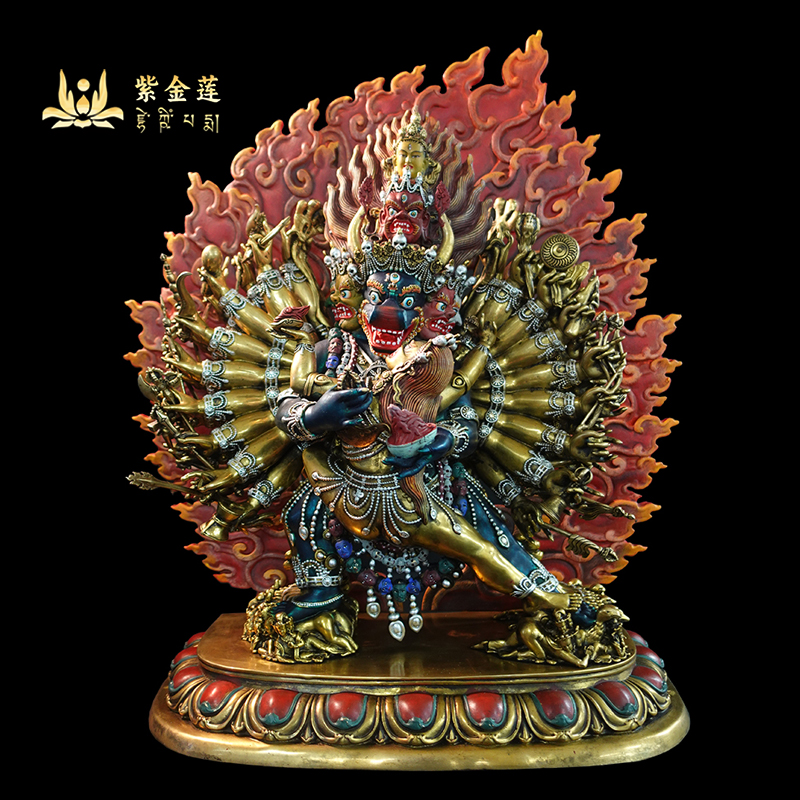 紫金莲 尼泊尔 西藏工艺 藏传密宗 热灼色彩绘大威德金刚纯铜手工