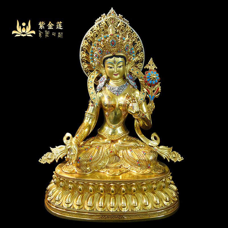 紫金莲 西藏尼泊尔工艺 藏传密宗尼泊尔金白度母纯铜手工錾刻