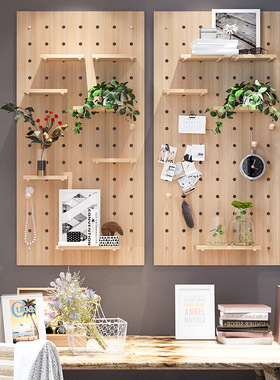 实木洞洞板定制入户玄关墙上置物架阳台书房隔板收纳架挂板展示架