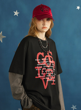 GOST叠印字母复古撞色条纹拼接假两件长袖T恤潮牌朋克男女上衣