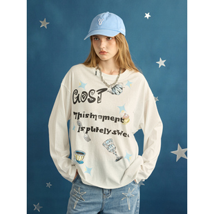 T恤宽松套头长T百搭上衣潮 罩衫 GOST原创设计趣味茶杯蛋糕薄款 长袖