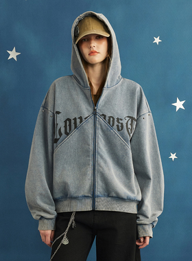 GOST复古做旧洗褪字母印花铆钉卫衣外套潮牌设计感朋克连帽开衫