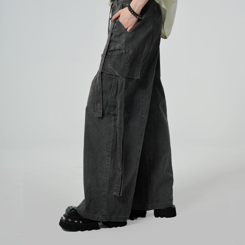 gost飘带水洗黑工装裤宽松阔腿