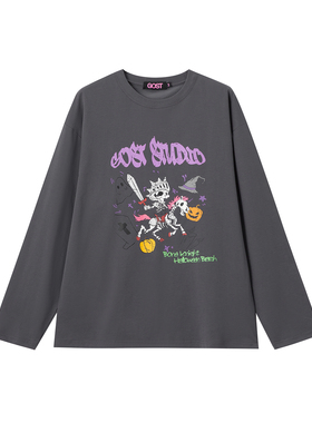 GOST骷髅骑士长袖T恤美式百搭宽松创意万圣节插画上衣男女同款