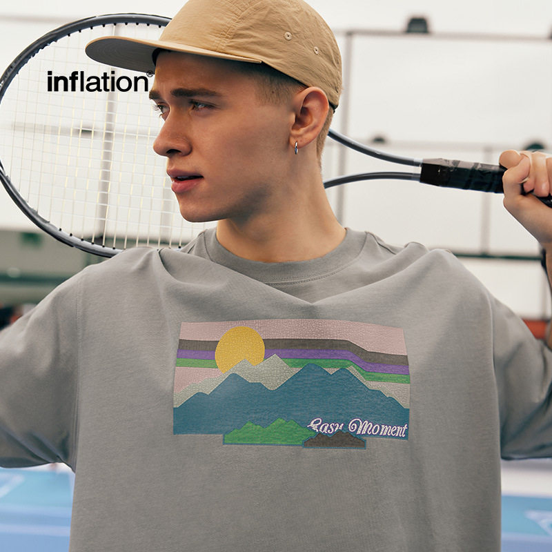 美式复古山系裂纹重磅日落印花T恤2025春夏新品宽松潮牌男式短袖