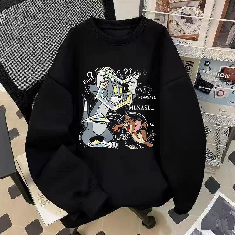 猫和老鼠搞怪卡通圆领卫衣男秋季美式复古汤姆杰瑞印花宽松版上衣