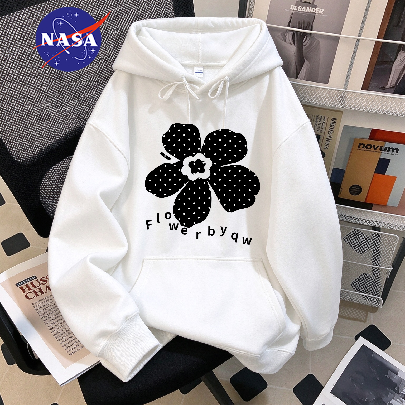 NASA韩系波点花瓣字母印花宽松连帽卫衣男女情侣款秋冬季百搭外套