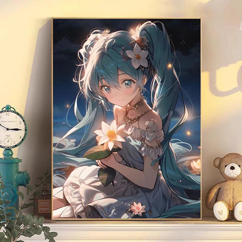 卡通可爱荷花女孩钻石画2024新款手工5d点贴钻十字绣客厅卧室满钻