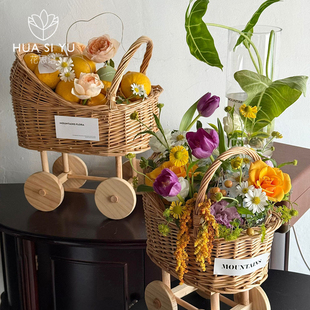 手提推车花篮鲜花束插花编织草编鸡蛋月子手工diy花篮花艺资材料