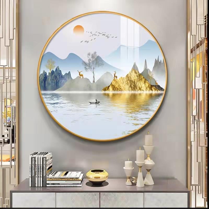 新中式圆形玄关装饰画山水画客厅背景墙面壁画入户正对门风景挂画图片