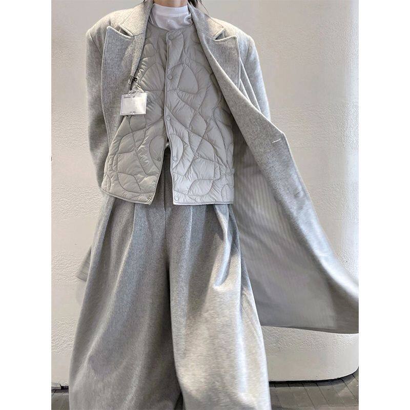 灰色毛呢大衣中长款休闲气质百搭2023年冬季新款外套三件套