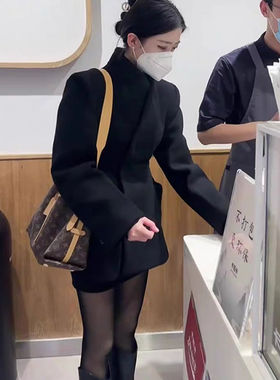 小个子高级感西服气质名媛职业小香风黑色毛呢西装外套女冬季加厚