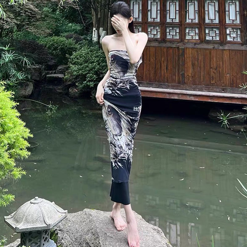 国风大鱼海棠水墨印花抹