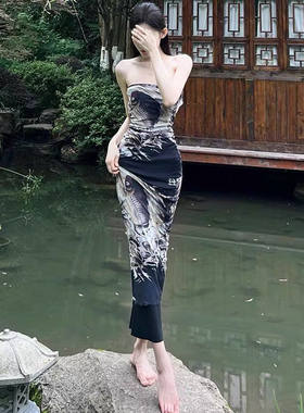国风大鱼海棠水墨印花抹