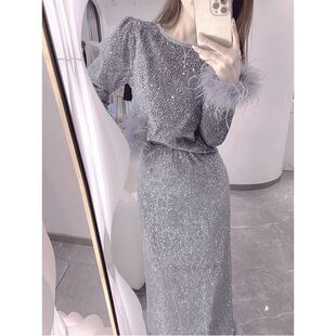 秋冬装搭配一整套小洋装高级感富家千金韩剧小香风亮片羽毛套装裙