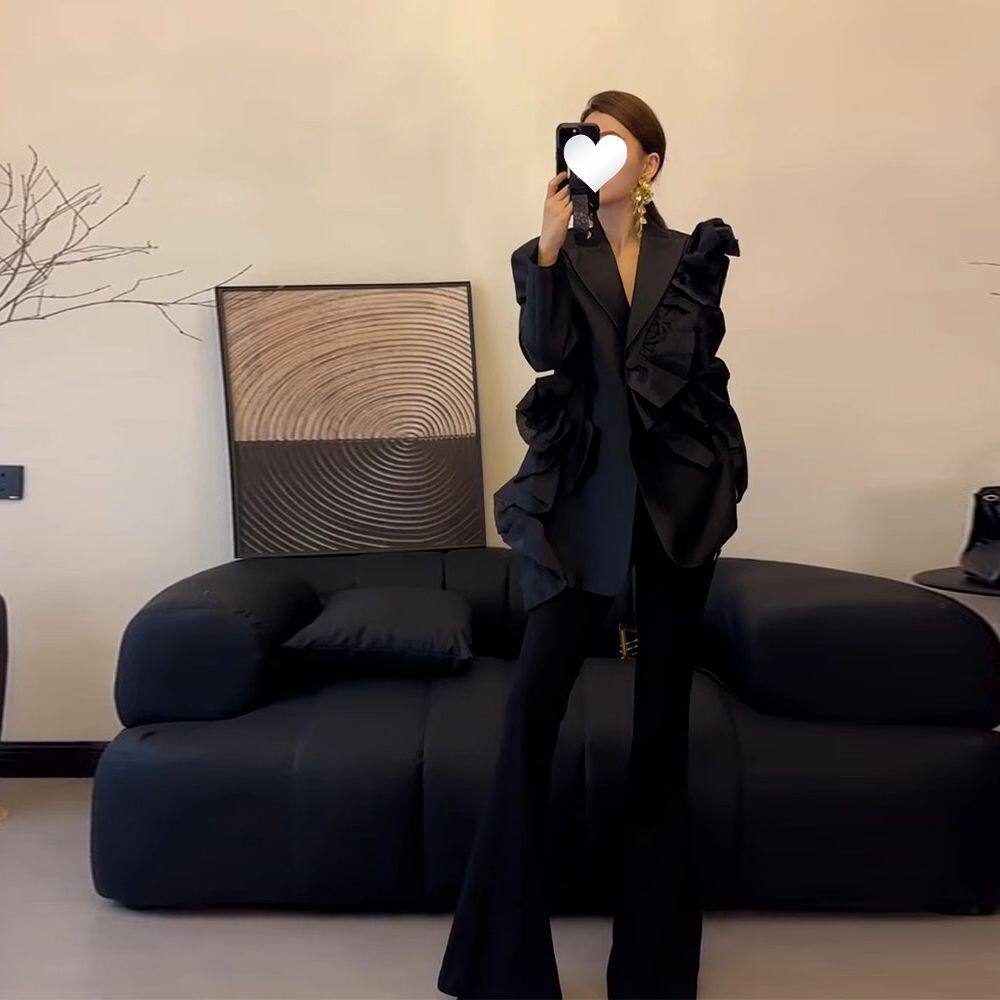 2025春秋新款西服时尚气质韩版设计原创荷叶花边高级黑色西装外套