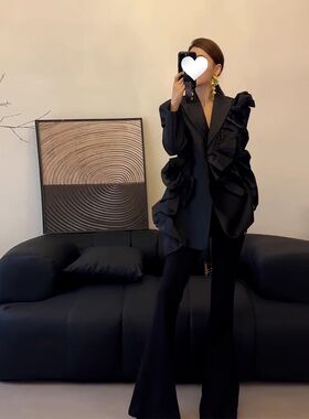 2025春秋新款西服时尚气质韩版设计原创荷叶花边高级黑色西装外套