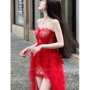 流浪版rose/自带胸垫重工蕾丝吊带裙松紧腰拖尾半裙套装夏季新款