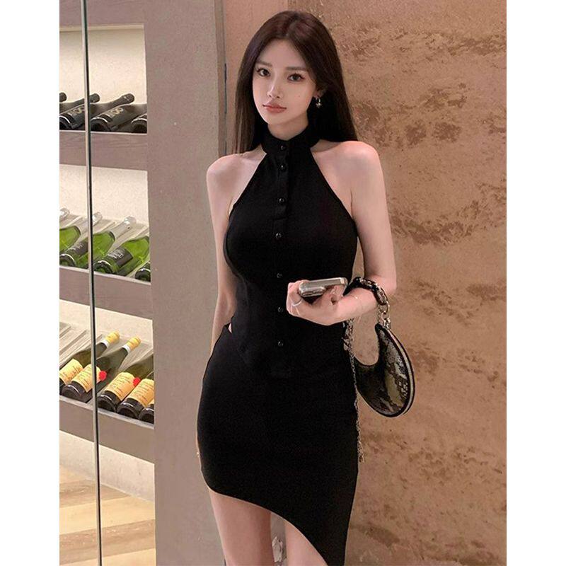 黑色挂脖吊带背心套装女夏季高冷御姐范气质收腰显瘦修身套装裙