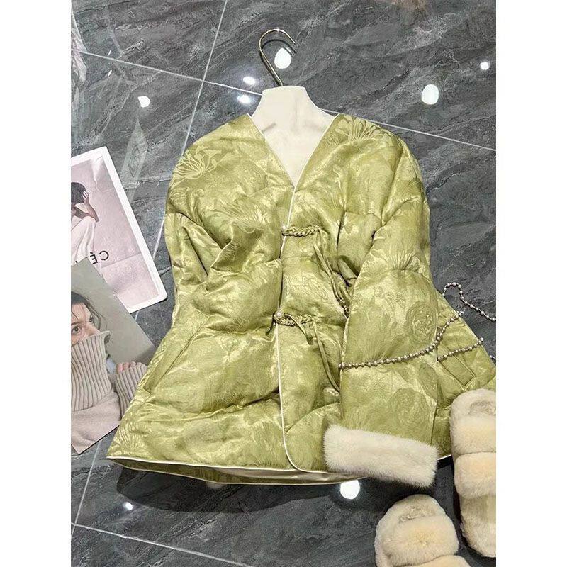 高级感好看新中式国风绿色加厚羽丝绒棉服女2023新款小香风外套冬