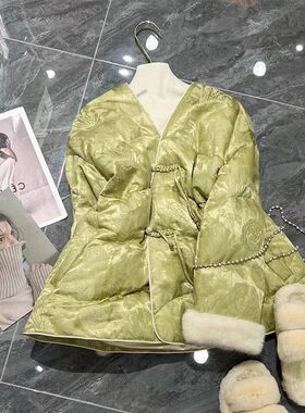 高级感好看新中式国风绿色加厚羽丝绒棉服女2023新款小香风外套冬