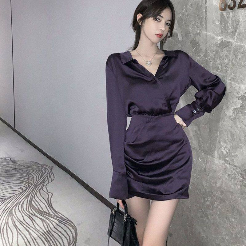 港风气质修身裙子女秋季新款V领收腰显瘦衬衫连衣裙短款包臀短裙