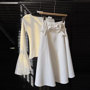 蕾丝上衣中款 圆领喇叭袖 半身裙两件套 精致百搭修身 挽梦2025新款