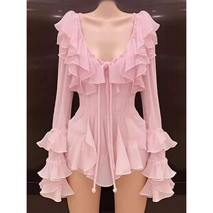 欧美辣妹性感纯欲超短裙御姐高级感粉色木耳边长袖连衣裙夏季