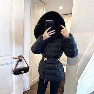 现货~加厚中长款棉服女2025年冬季新款腰带收腰修身毛领保暖外套