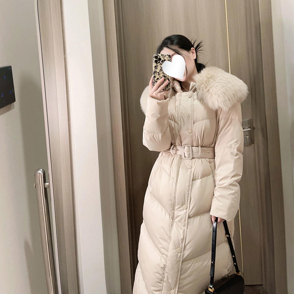 奶茶色羽绒棉服2025春季新款仿皮草毛领长款宽松收腰外套