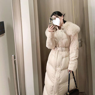 奶茶色羽绒棉服2025春季新款仿皮草毛领长款宽松收腰外套