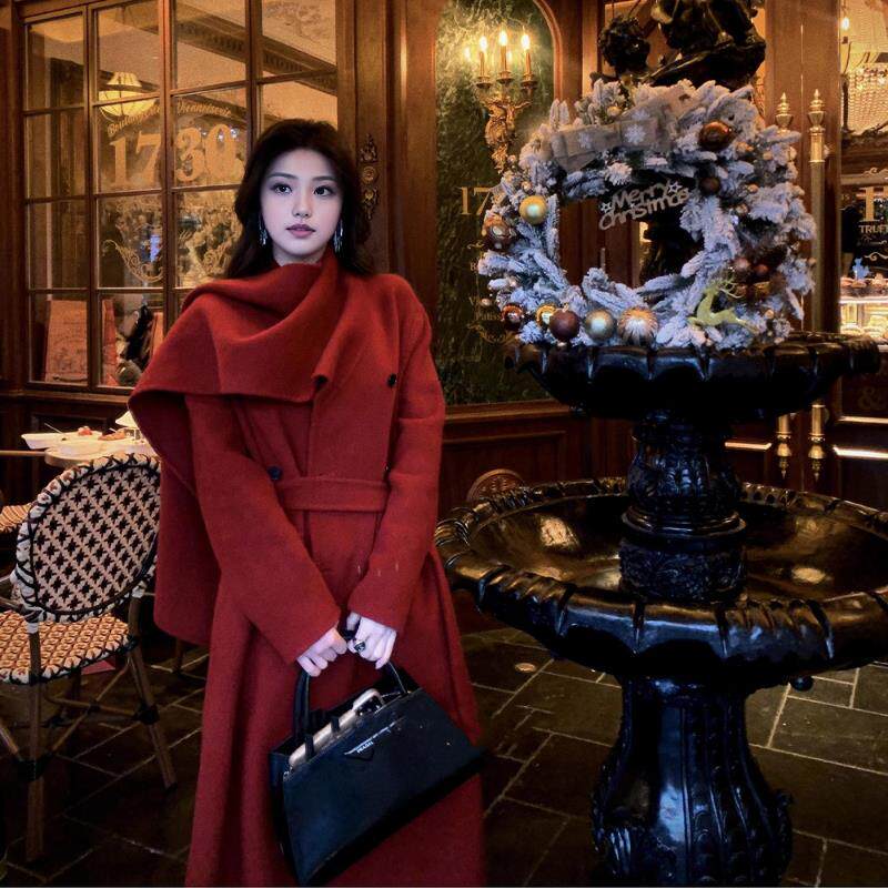&ldquo;勃艮第晚宴&rdquo;2024冬时尚高级红色外套圣诞战袍长款双面呢大衣女