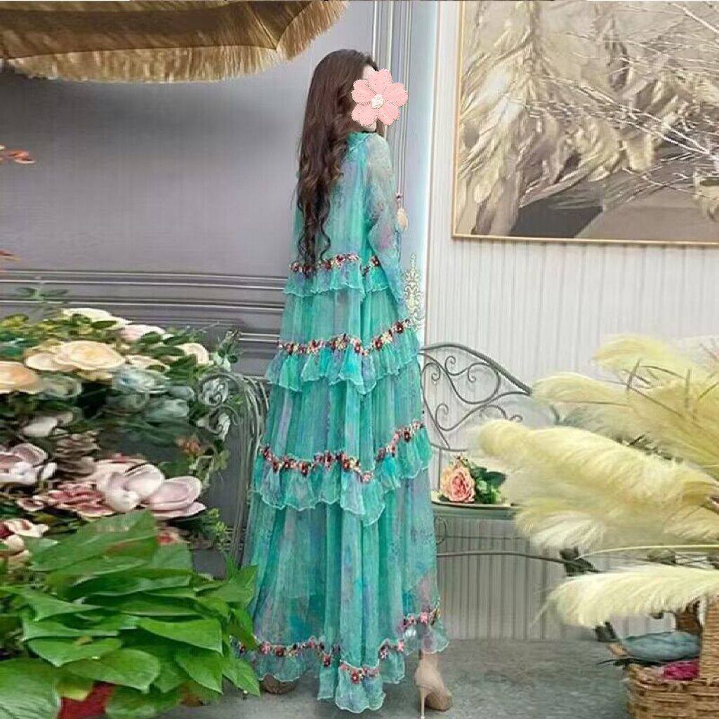 茶歇法式独特别致绝美长裙超仙三亚海边度假绿色雪纺衣裙夏季新款