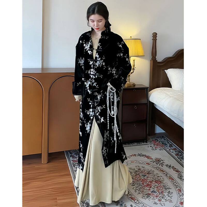 新中式改良复古唐装黑色长款盘扣外套内搭连衣裙两件套装女冬